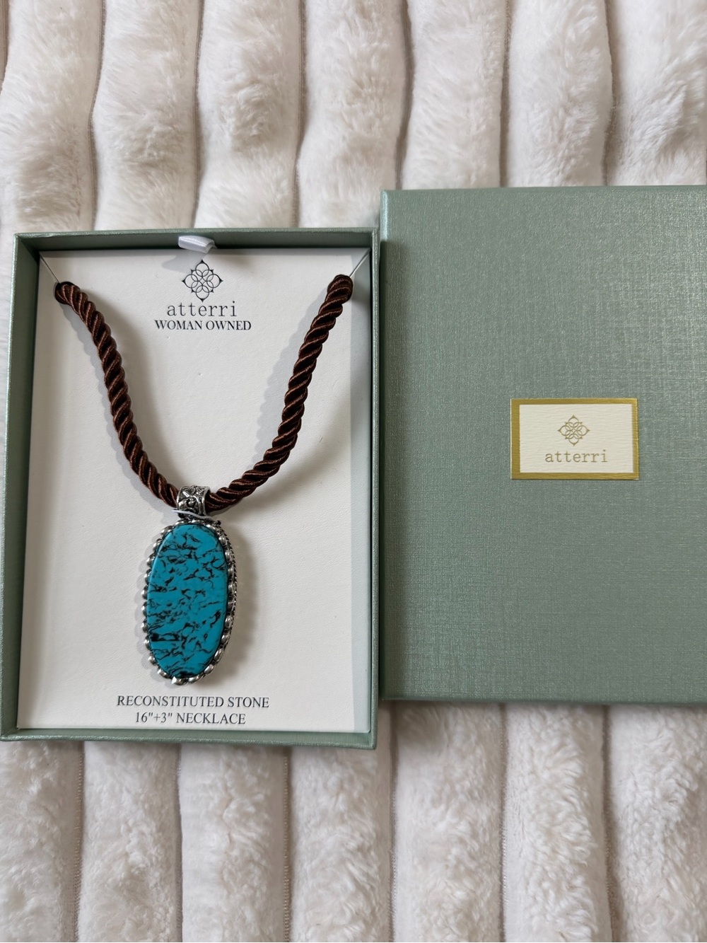 atterri Turquoise Reconstituted Stone Pendant Necklace on Brown Cord